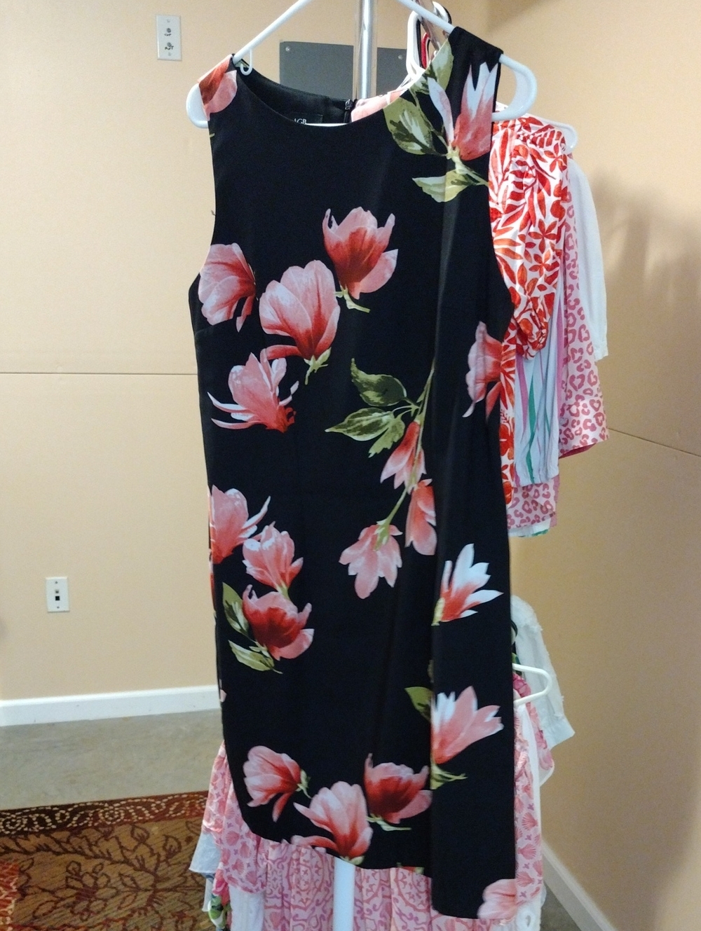 Black Floral Sheath Dress with Pink Bloom Accents
